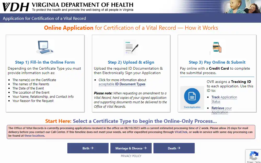 A screenshot of the Application for Certification of Vital Records such as birth, marriage, divorce, and death; three steps on how to apply online are displayed.