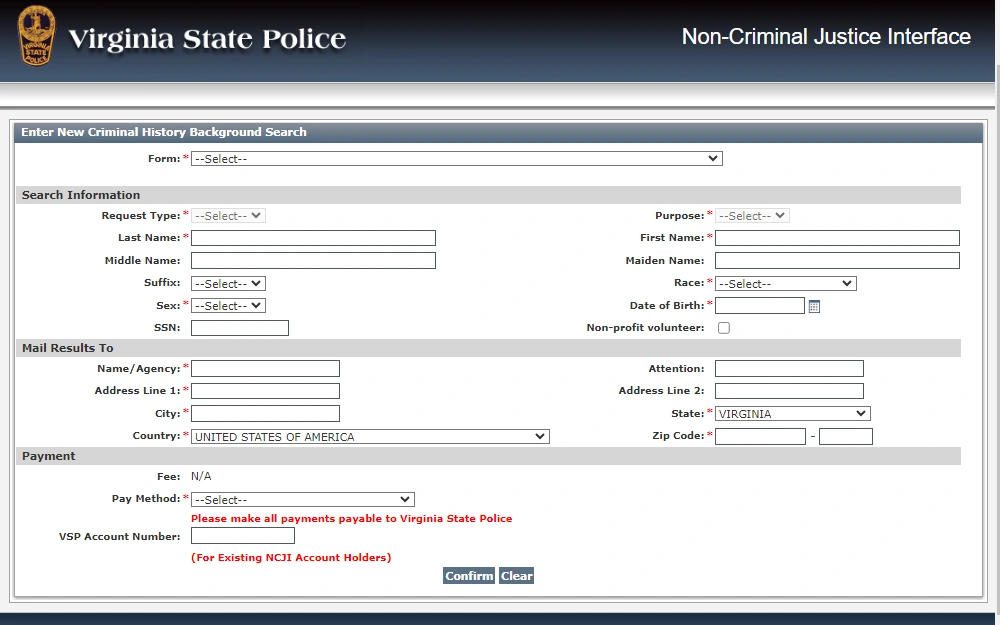 A screenshot of the criminal history background check tool provided by Virginia State Police that is searchable by providing search information including the request type, purpose, full name, race, sex, DOB, and other required information.