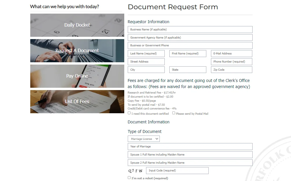 A screenshot of a Document Request form provided by Norfolk City Clerk's Office that is searchable by providing the requestor's information, such as the business name and government agency name (if applicable), last and first name, address, email address, phone number, and the type of document that the individual is requesting. 