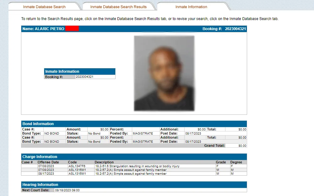 A sample of inmate information from an Inmate Lookup tool provided by the Norfolk City Sheriff's Office displaying the inmate's mugshot, full name, booking number, book information, and charge information.
