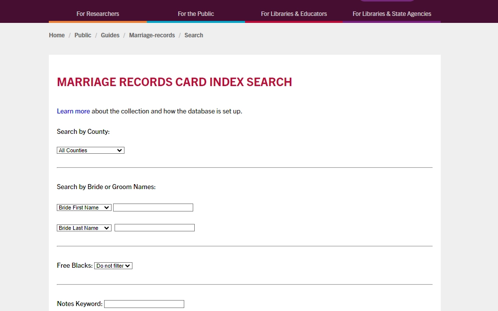 A screenshot of the Marriage Records Card Index Search that is searchable by providing the county name, bride or groom's name, and other details. 