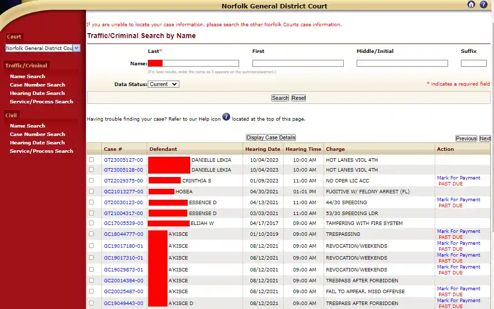A screenshot of the Traffic/Criminal Search by Name tool in the Online Case Information System platform with the list of defendants with their case #, names, hearing date, hearing time, charges, and actions. 
