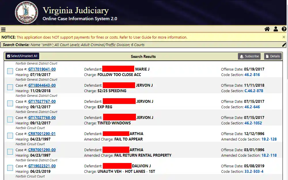 A screenshot of the Online Case Information System 2.0 platform provided by Virginia Judiciary showing the case #, hearing date, court name, defendant name, charge, offense date, and code section of different cases.